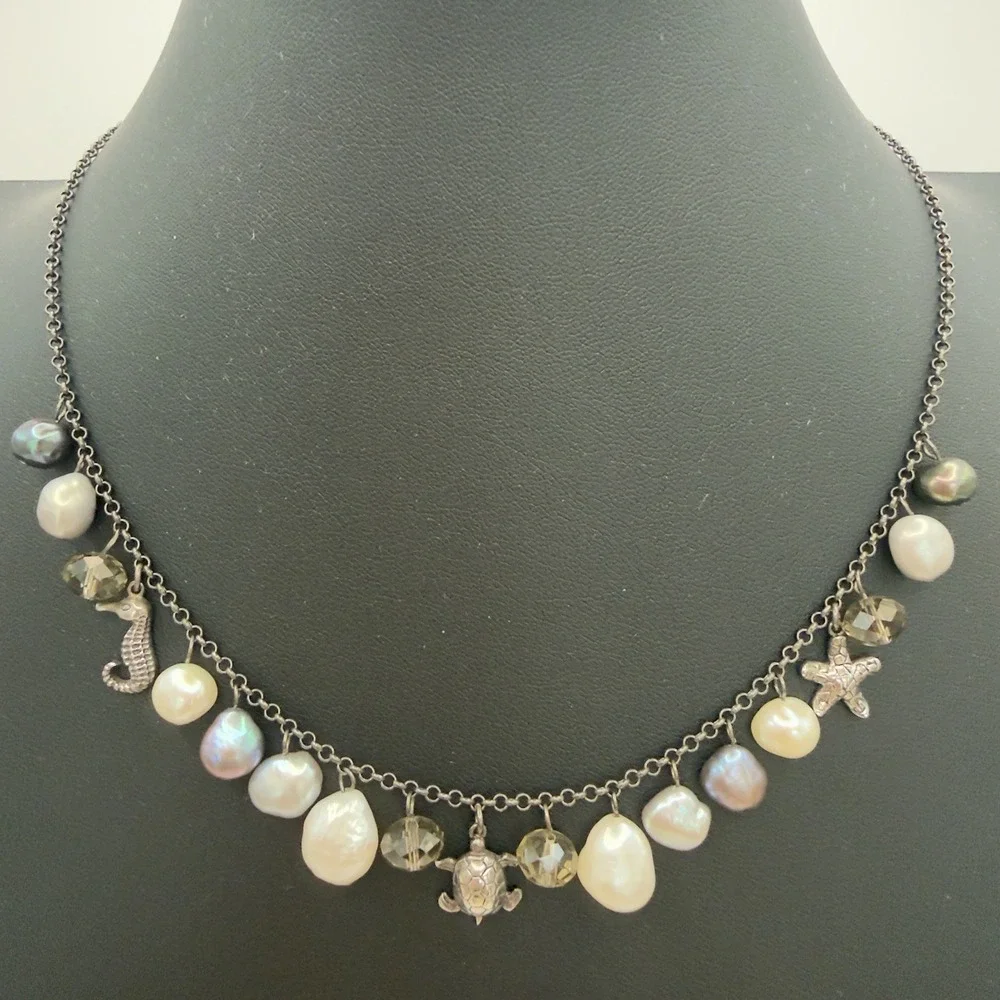 Vtg Lucas Lameth LUC Sterling Silver Charm Necklace Ocean Animals Pearls Dangle